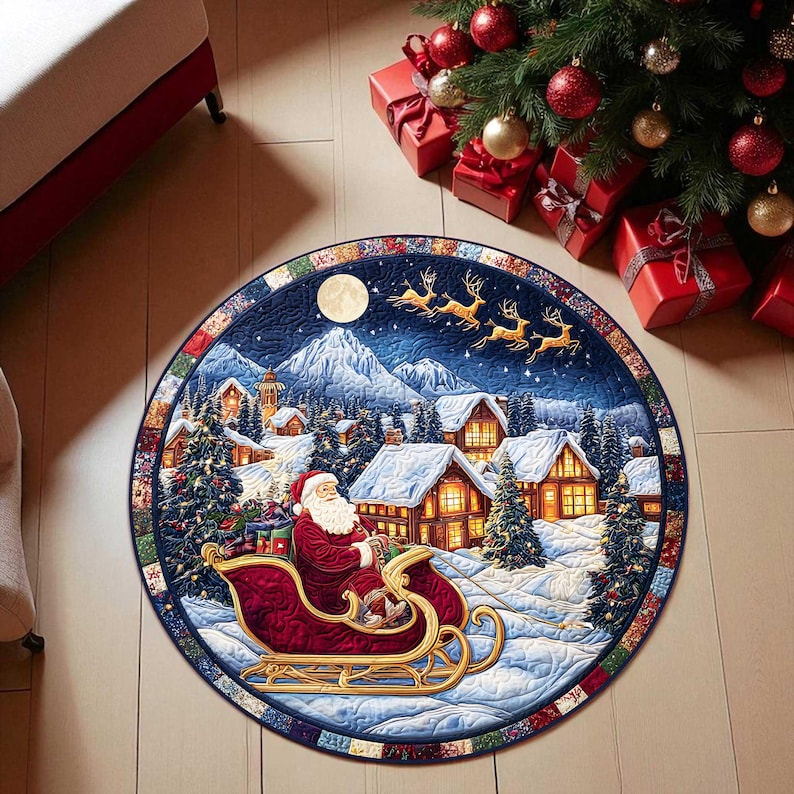 Home Xmas Decor Ideas - 산타 썰매 크리스마스 라운드 도어매트, 빈티지