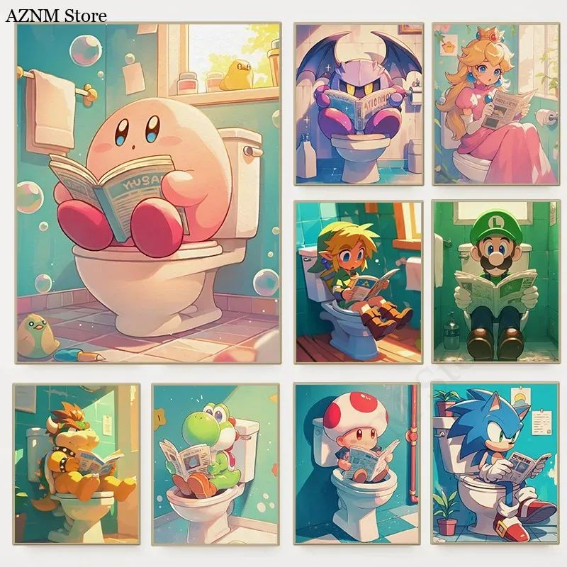 Watercolor Poster Print - 재미있는 욕실 만화 비디오 게임 포스터