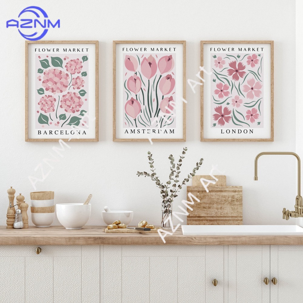 Watercolor Poster Print - 1Pc/3Pcs 핑크, 신선하고 가벼운, 수채화 스타일,