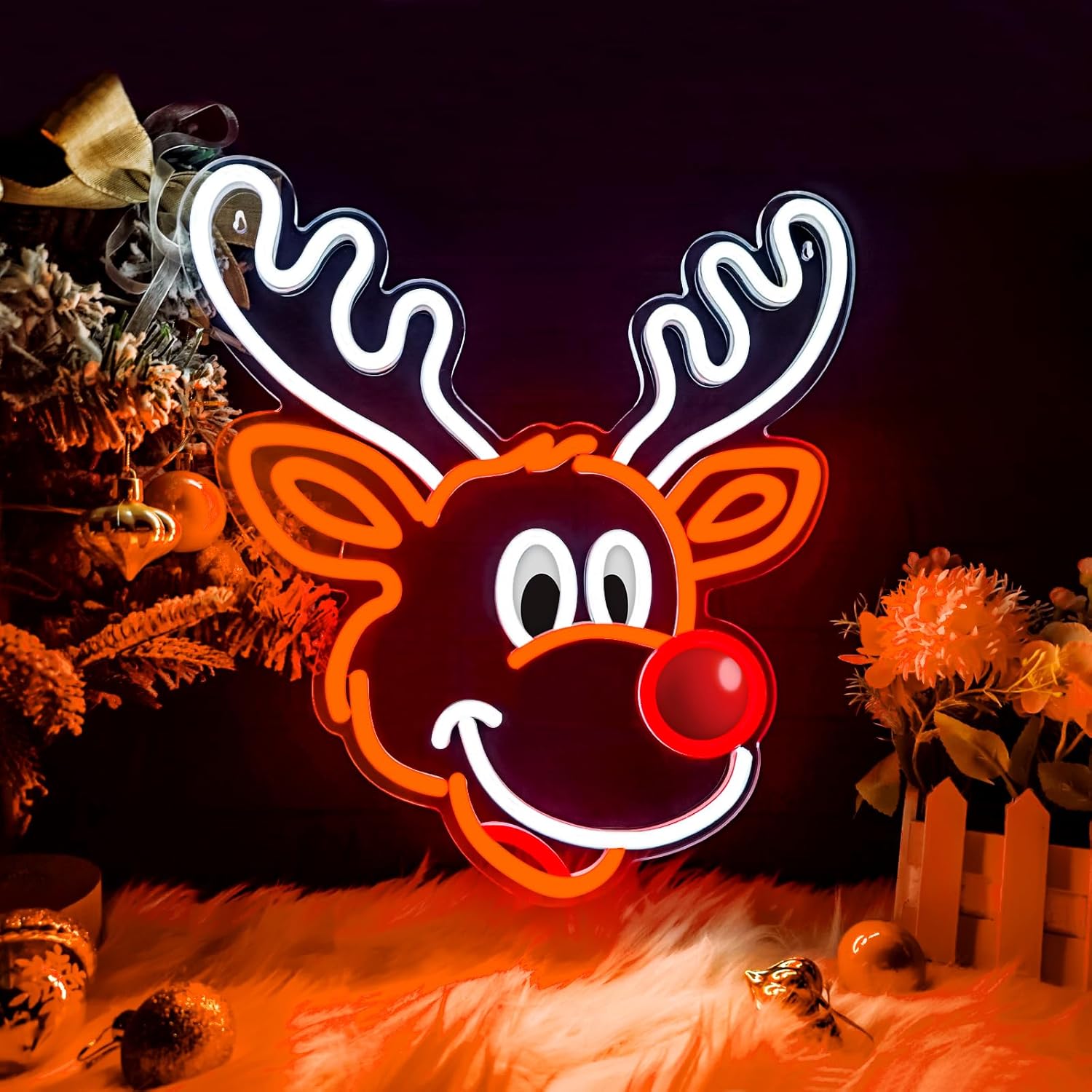 Home Xmas Decor Ideas - 귀여운 크리스마스 순록 네온사인, 빨간 코